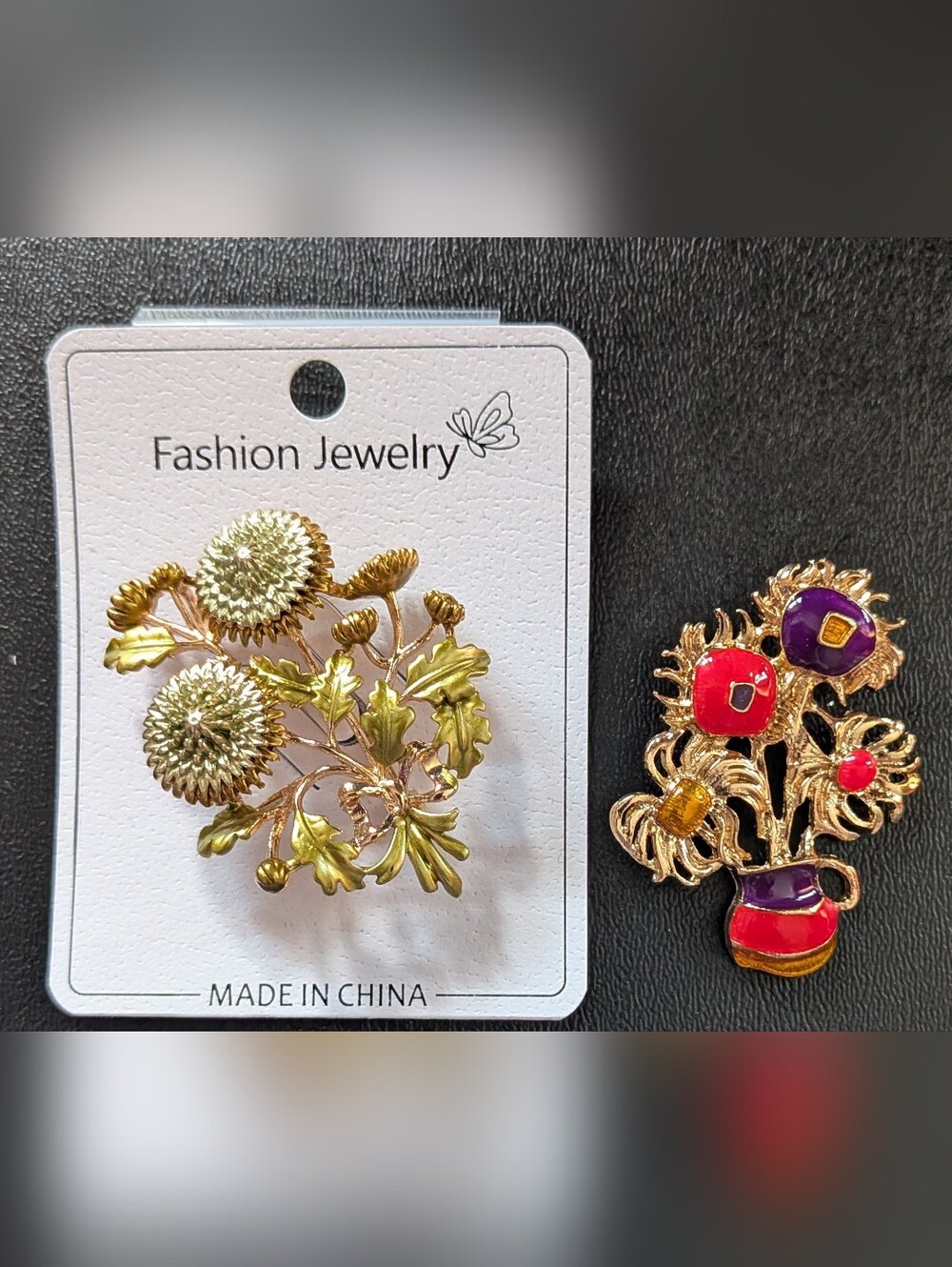 Fashion Jewelry Gold Floral Brooch Set with Red and Purple Accent Brooch